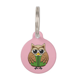 Cute Bookworm Owl Reading Book Cartoon   Add Name Pet Tag