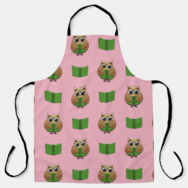 Cute Bookworm Owl Reading Book Cartoon Apron (Front)