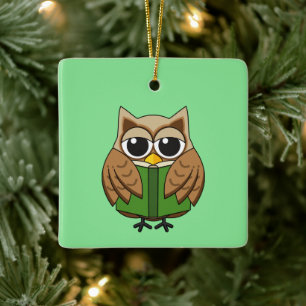 Cute Bookworm Owl Reading Book Cartoon Ceramic Ornament
