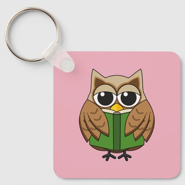 Cute Bookworm Owl Reading Book Cartoon Key Ring (Front)