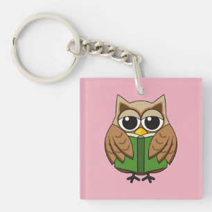 Cute Bookworm Owl Reading Book Cartoon Key Ring