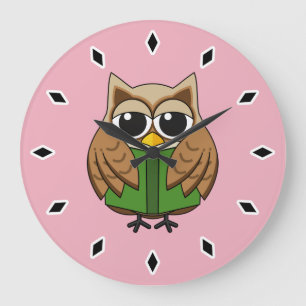 Cute Bookworm Owl Reading Book Cartoon Large Clock