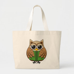 Cute Bookworm Owl Reading Book Cartoon Large Tote Bag
