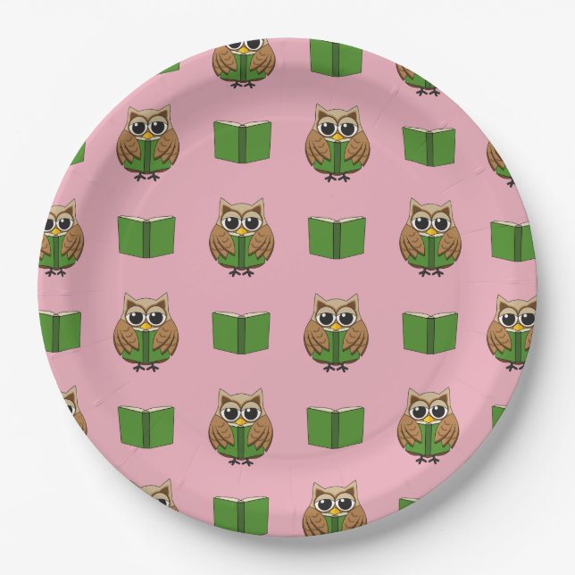 Cute Bookworm Owl Reading Book Cartoon Paper Plate (Front)