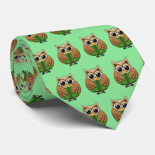 Cute Bookworm Owl Reading Book Cartoon Pattern Tie