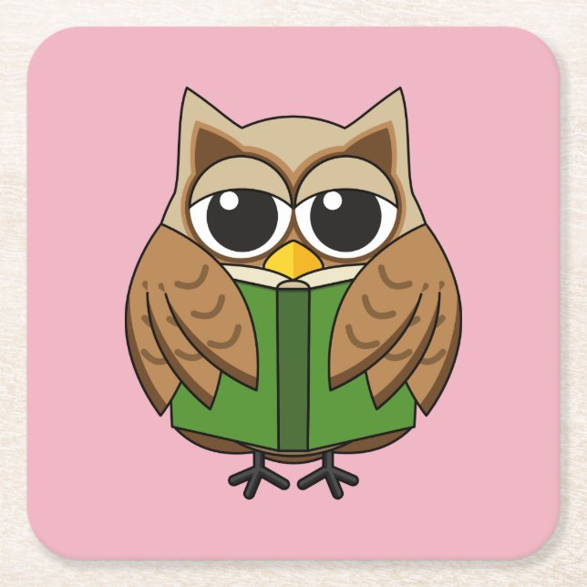 Cute Bookworm Owl Reading Book Cartoon Square Paper Coaster (Front)