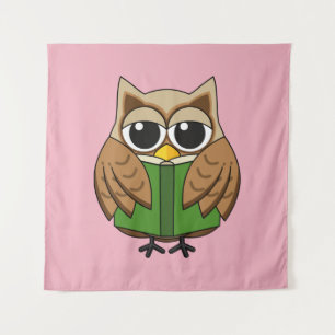 Cute Bookworm Owl Reading Book Cartoon Tapestry