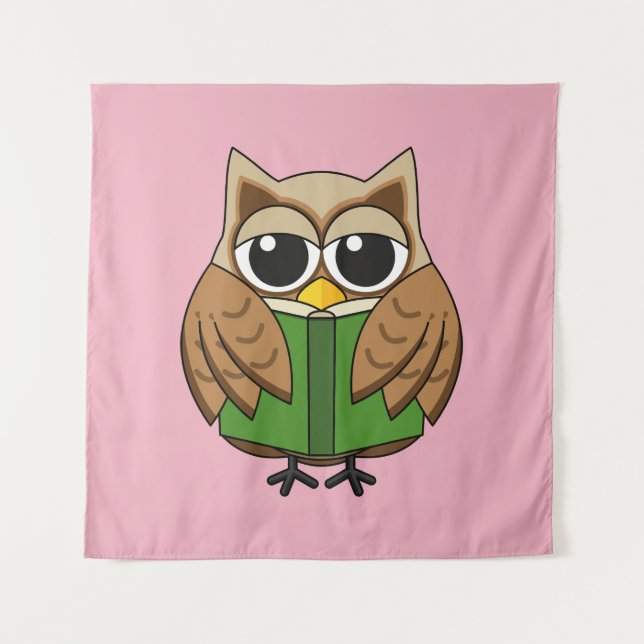 Cute Bookworm Owl Reading Book Cartoon Tapestry (Front)