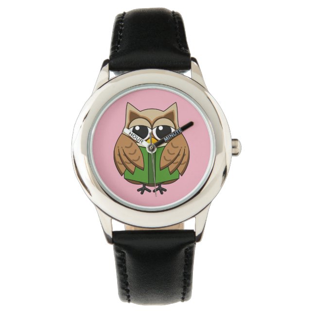 Cute Bookworm Owl Reading Book Cartoon Watch (Front)