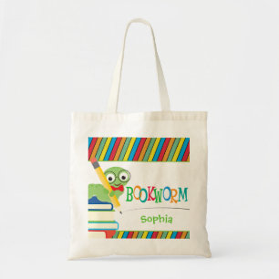 Cute Bookworm Sitting on Books Personalised Tote Bag