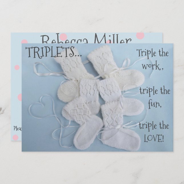 Cute booties with heart triplets baby shower invitation (Front/Back)