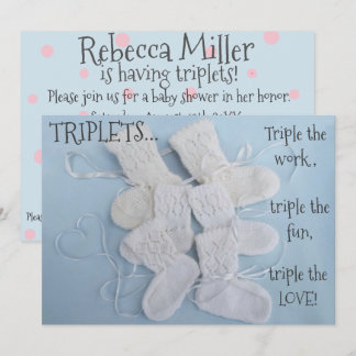 Cute booties with heart triplets baby shower invitation
