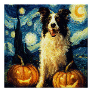 Cute Border Collie Dog Halloween Jack O Lantern Pu Poster