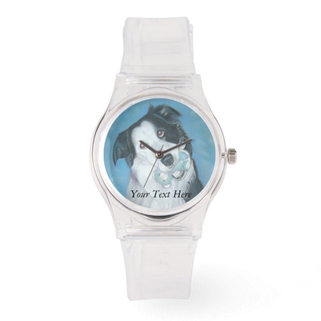 cute border collie dog with blue teddy bear watch (Front)