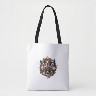 Cute Border Collie Dogs Christmas Wreath Holiday P Tote Bag