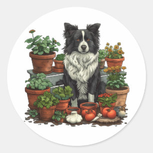 Cute Border Collie Gardening Classic Round Sticker
