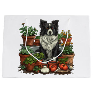 Cute Border Collie Gardening Large Gift Bag