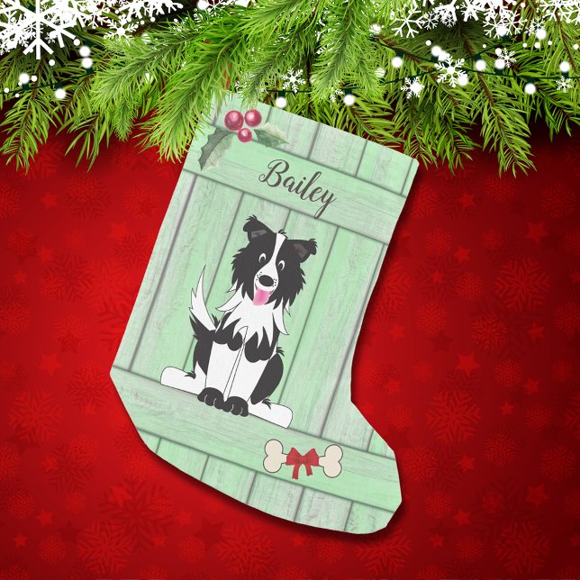 Cute Border Collie Green Wooden Fence Monogram Small Christmas Stocking (Creator Uploaded)