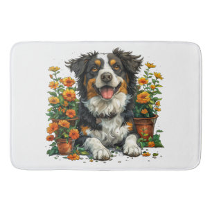 Cute Border Collie In Flowers Bath Mat