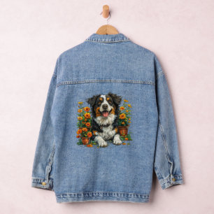 Cute Border Collie In Flowers Denim Jacket
