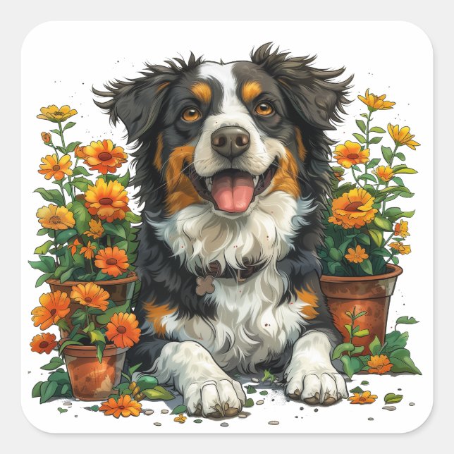 Cute Border Collie In Flowers Square Sticker (Front)