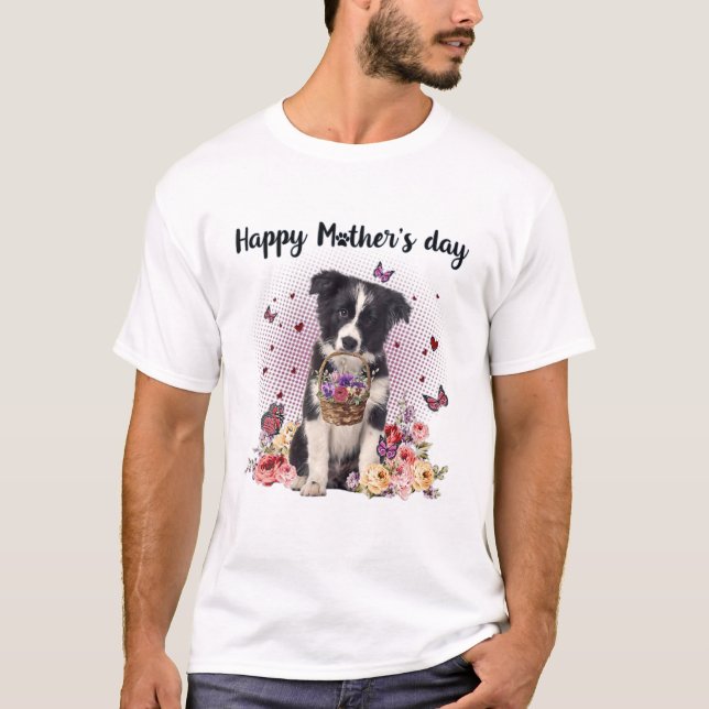 Cute Border Collie Mum Flower Happy Mother's Day L T-Shirt (Front)
