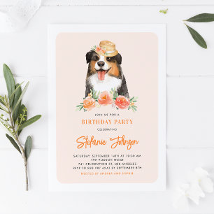 Cute Border Collie Peach Floral Kids Birthday Invitation
