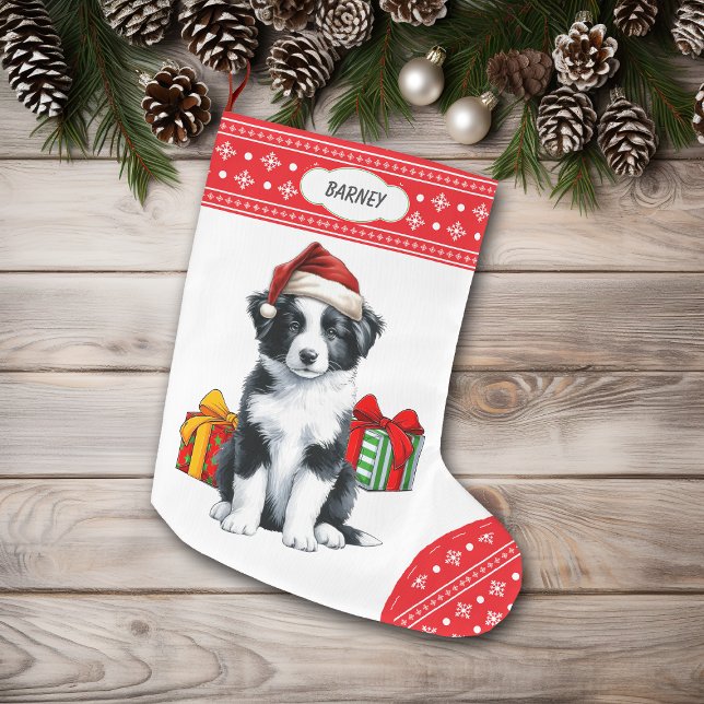 Cute Border Collie Puppy Santa Hat Snowflake Large Christmas Stocking (Creator Uploaded)