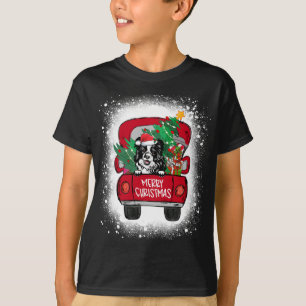 Cute Border Collie Red Truck Merry Christmas Bleac T-Shirt