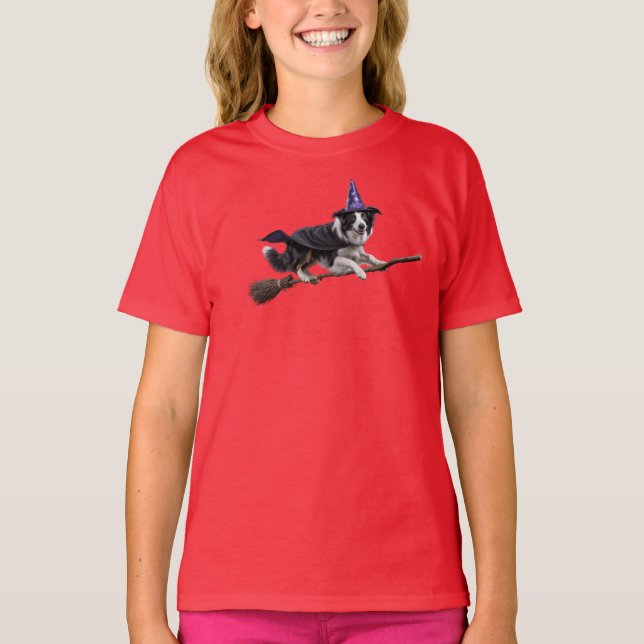 Cute Border Collie Witch Kids' T-Shirt (Front)
