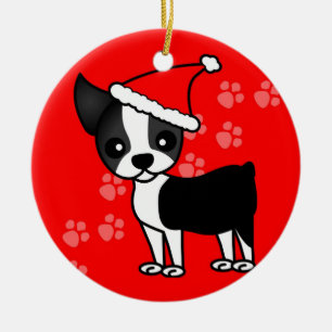 Cute Boston Terrier Cartoon Santa Hat Red Ceramic Tree Decoration