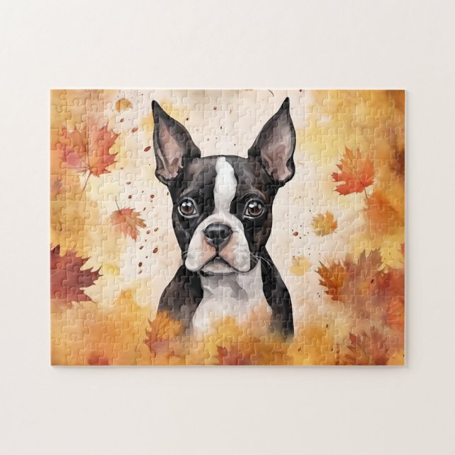 Cute Boston Terrier Dog/Autumn/Fall Jigsaw Puzzle (Horizontal)
