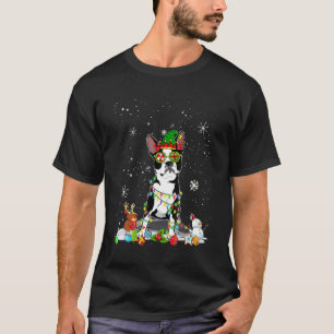 Cute Boston Terrier Dog Elf Hat Christmas Lights X T-Shirt