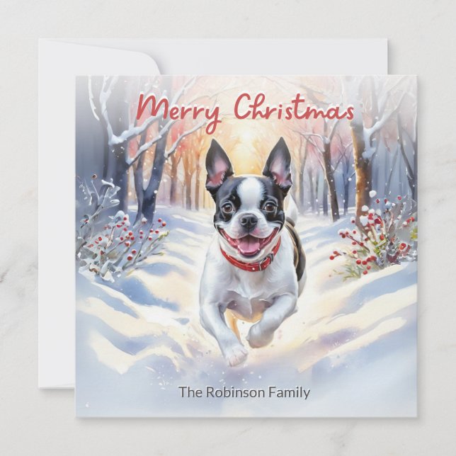 Cute Boston Terrier Dog In Winter Snow Christmas Holiday Card (Front)