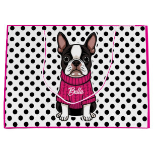 Cute Boston Terrier Dog Pink Sweater Personalised Large Gift Bag
