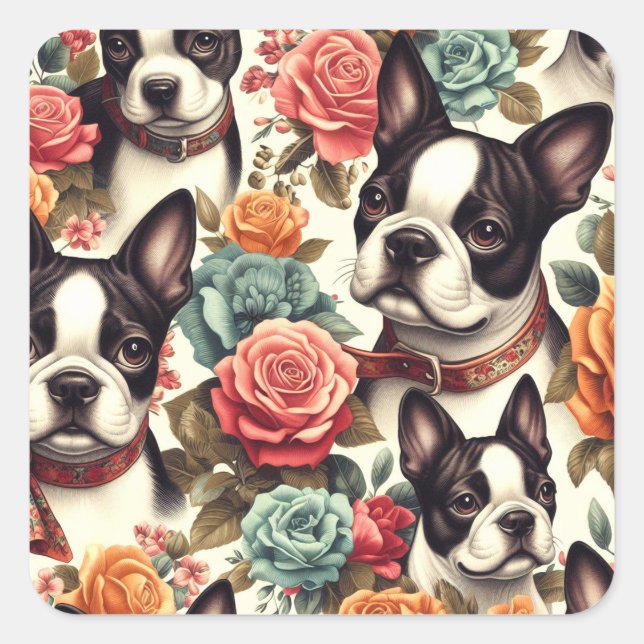 Cute Boston Terrier Illustration Square Sticker (Front)