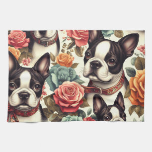 Cute Boston Terrier Illustration Tea Towel