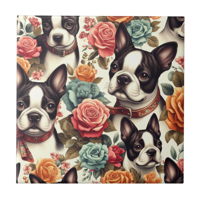 Cute Boston Terrier Illustration Tile (Front)