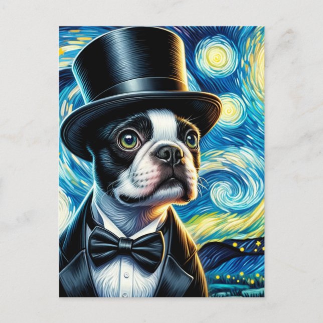 Cute Boston Terrier in a Tophat Van Gogh Postcard (Front)