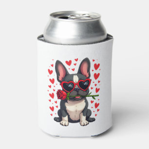 Cute Boston Terrier in Glasses Rose Valentine's Da Can Cooler