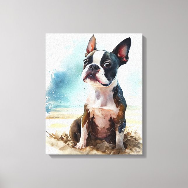 Cute Boston Terrier On The Beach Canvas Print (Front)