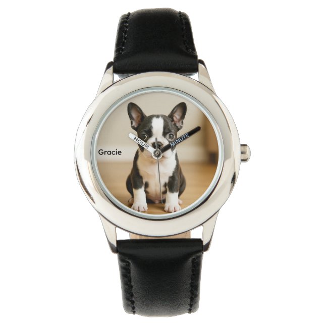 Cute Boston Terrier Personalised Kid's Watch (Front)