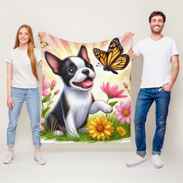 Cute Boston Terrier Puppy Playing With Butterfly  Fleece Blanket (In Situ)