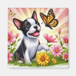 Cute Boston Terrier Puppy Playing With Butterfly Magnet