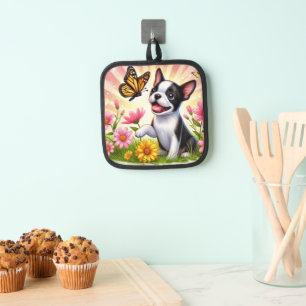 Cute Boston Terrier Puppy Playing With Butterfly  Pot Holder