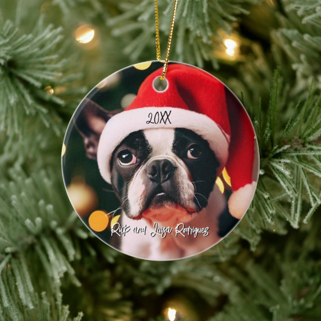 Cute Boston Terrier Puppy with Santa Hat Ceramic Tree Decoration (Tree)
