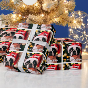 Cute Boston Terrier Puppy with Santa Hat Wrapping Paper