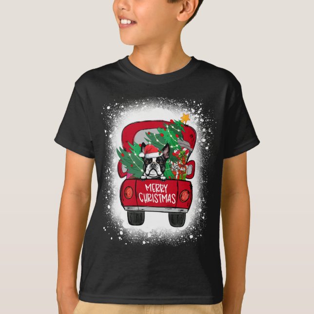 Cute Boston Terrier Red Truck Merry Christmas Blea T-Shirt (Front)