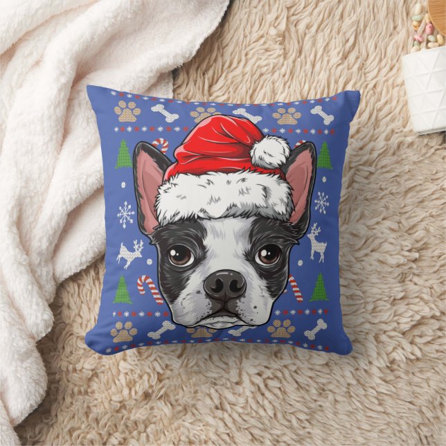 Cute Boston Terrier Ugly Christmas Sweater Santa Cushion (Blanket)