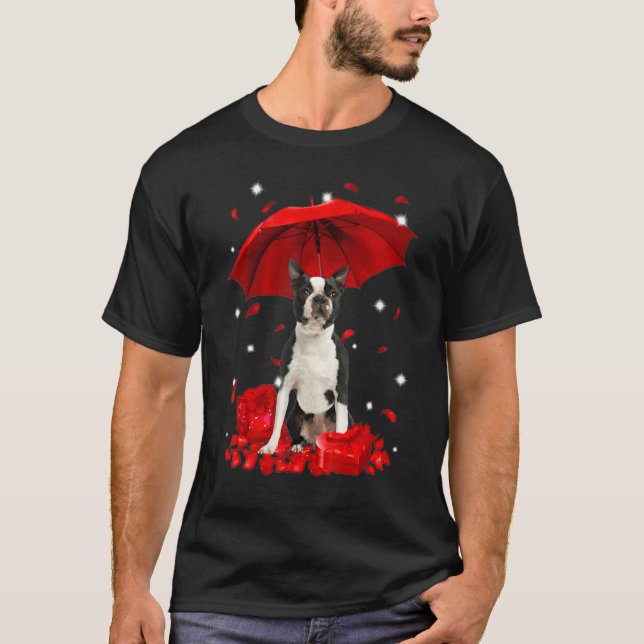 Cute Boston Terrier Valentine Hearts Umbrella Love T-Shirt (Front)
